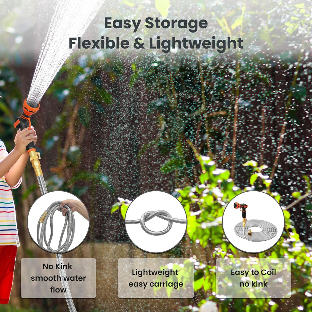 Girafe Tools Garden Hose 25ft x 5/8", 304 Stainless Steel Metal Water Hose, No Kink Garden Water Hose with 9 Pattern Spray Nozzle, Flexible, Lightweight, Kink Free Hose for Yard, Outdoor