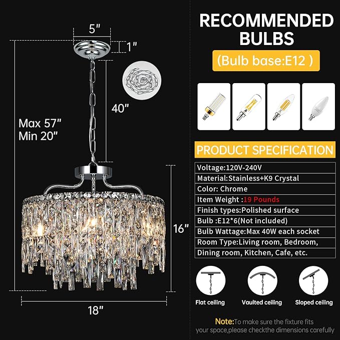 Chrome Crystal Chandelier, Modern Luxury Round Dining Room Chandeliers Over Table，6 Lights Chrome Ceiling Pendant Lighting for Dining Room Bedroom Entryway Foyer Staircase