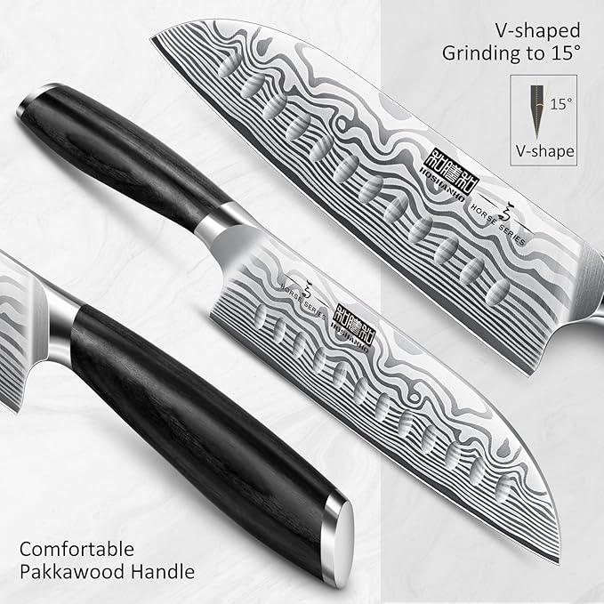 7 Inch Santoku Knife, Ultra Sharp Japanese High Carbon Powder Steel Kitchen Knife, Professional Chefs Knife with Ergonomic Handle