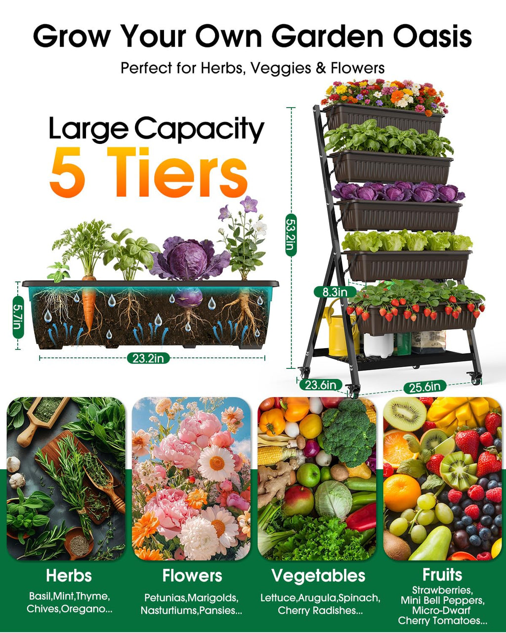 Olaiti 5-Tier Vertical Garden Bed Planter Boxes with Wheels, Drainage System & Storage Space, Mobile Vertical Garden Planter with 5 S-Hooks for Plants Vegetables Flowers Herbs in Garden Patio Yard