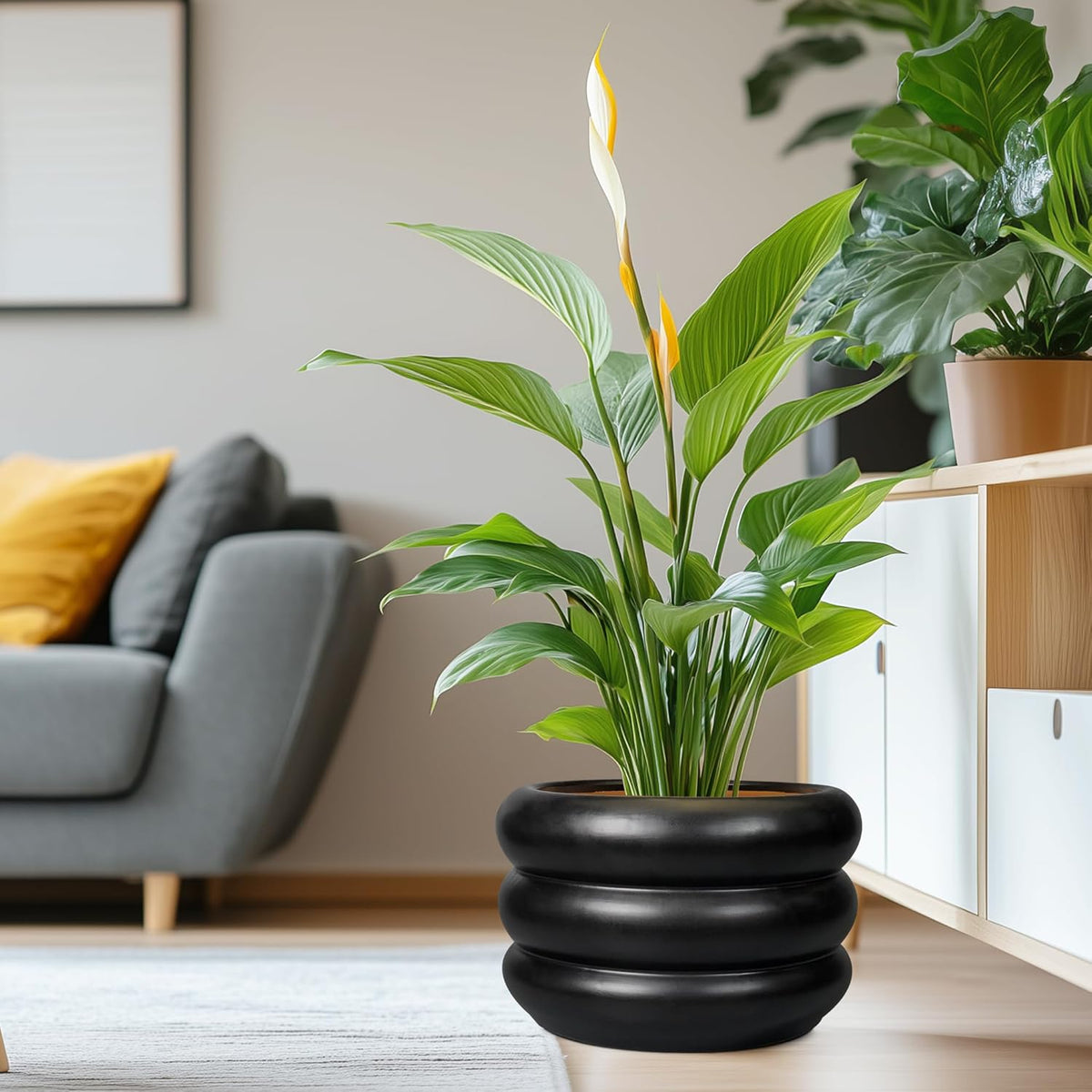 SQOWL Ceramic Flower Pot 13.5 Inch - Large Planter for Indoor Plants Outdoor Plant Pot with Drainage Hole Round Planter Mid-Century Flower Pot for Porch Living Room Decor Black