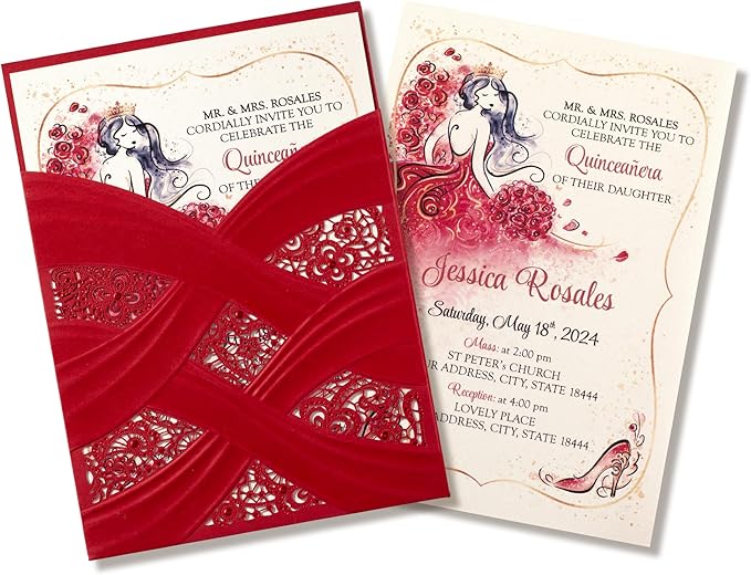 50pcs Laser Cut Quinceanera Invitations with Envelopes Red, 5x7.3 Personalized Invitation Cards for Wedding