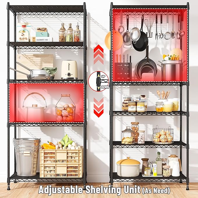 5 Tier Storage Shelves 1010LBS Wire Shelving Unit Adjustable Metal Shelving Pantry Shelves Sturdy Steel Commercial Shelf for Kitchen Pantry Closet Laundry School,13.6" D x 21.5" W x 59.4" H