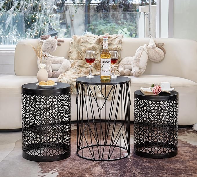 Y&M Set of 3 Stacking Coffee Table for Living Room, Nesting Side Table,Indoor End Tables for Bedroom, Outdoor Decorative Garden Stool with Heavy Duty Metal Frame Modern Industrial Decor - Black