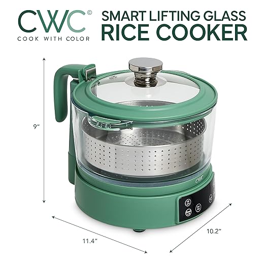 COOK WITH COLOR 3L Glass Low Carb Rice Cooker - Makes 6 Cups Cooked Low Sugar Rice with Auto Lift Filter Basket, Hotpot & Steamer for Rice, Grains and Oats, Digital Panel with Keep Warm, Dark Sage