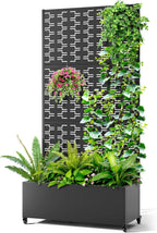 Metal Raised Garden Bed with Trellis, 2-in-1 Planter Box & Privacy Screen for Climbing Plants, Outdoor Standing Flower Bed with Drainage Holes, 35.4" L x 15.7" W x 70.1" H, Black-Brick