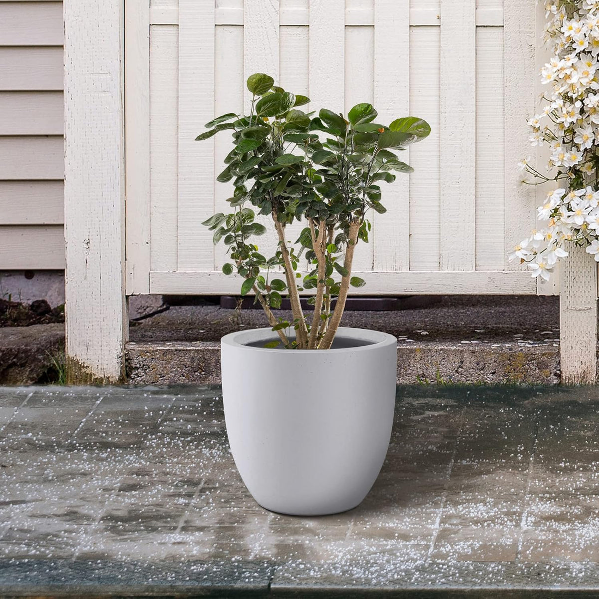 Kante 10 Inch Dia Round Concrete Planter, Indoor Outdoor Large Plant Pot with Drainage Hole and Rubber Plug for Home Patio Garden, Pure White