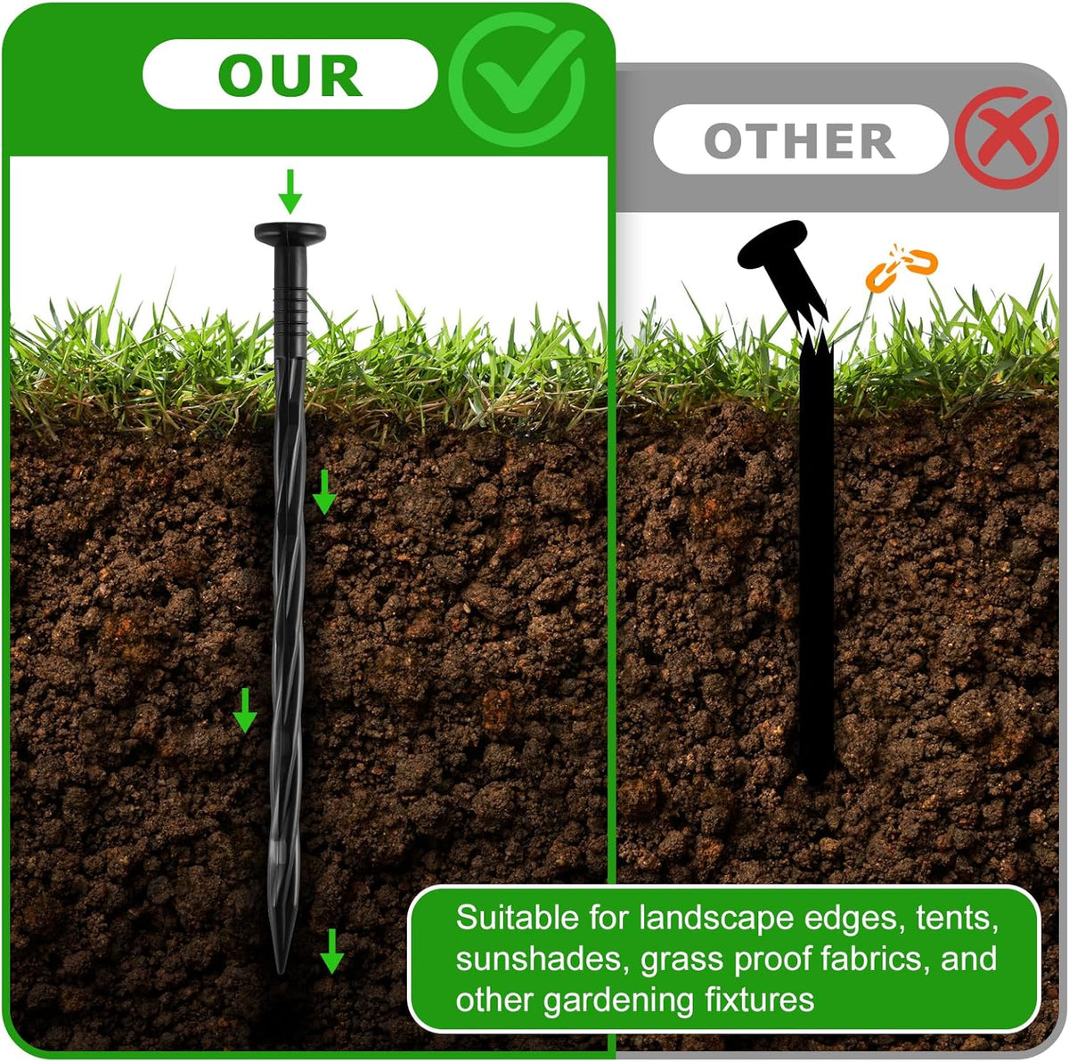 50Pcs 8-Inch Plastic Landscape Edging Spikes, Spiral Anchoring Nails for Weed Barrier, Paver Edging, Landscape Edging, Artificial Turf, Grass Pathways, and More