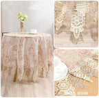 Lace Floral Tablecloth Vintage Round Tablecloth Decorative Exquisite Border Table Cover for Party Wedding Home Decorations, Round-48, Pink