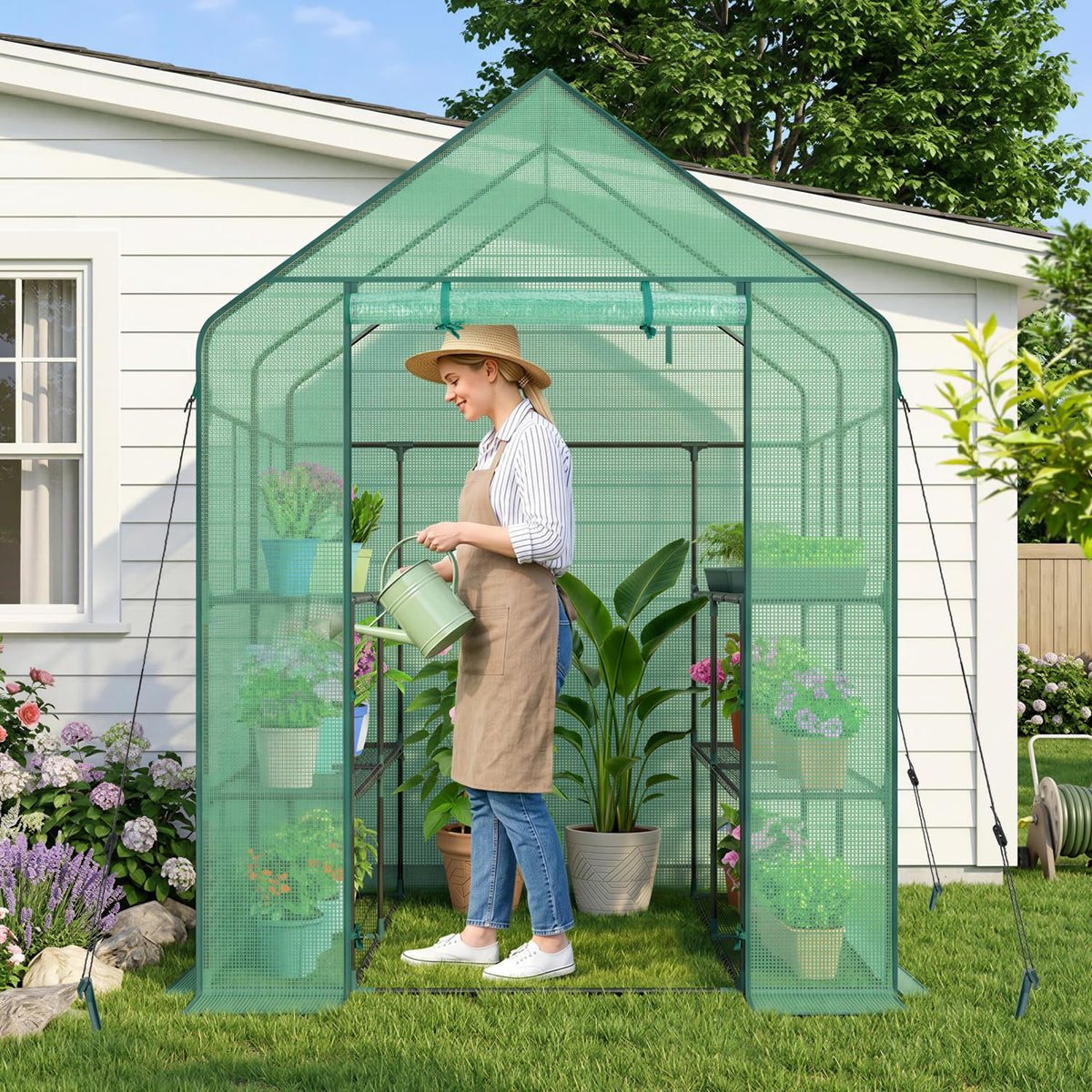 Ohuhu Greenhouse for Outdoors with Screen Windows, 57 x 57 x 76'' Walk in Plant Greenhouses Heavy Duty with Durable PE Cover, 3 Tiers 12 Shelves Stands Plastic Portable Green House with Shelf Clips