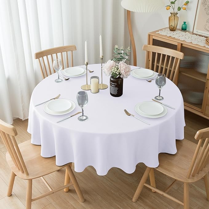Biscaynebay Textured Fabric Round Tablecloths 60 Inches for Tables diameters from 28" to 48", White Table Cloth Water Resistant Small Circle Folding Table Covers for Dining Kitchen Wedding Parties
