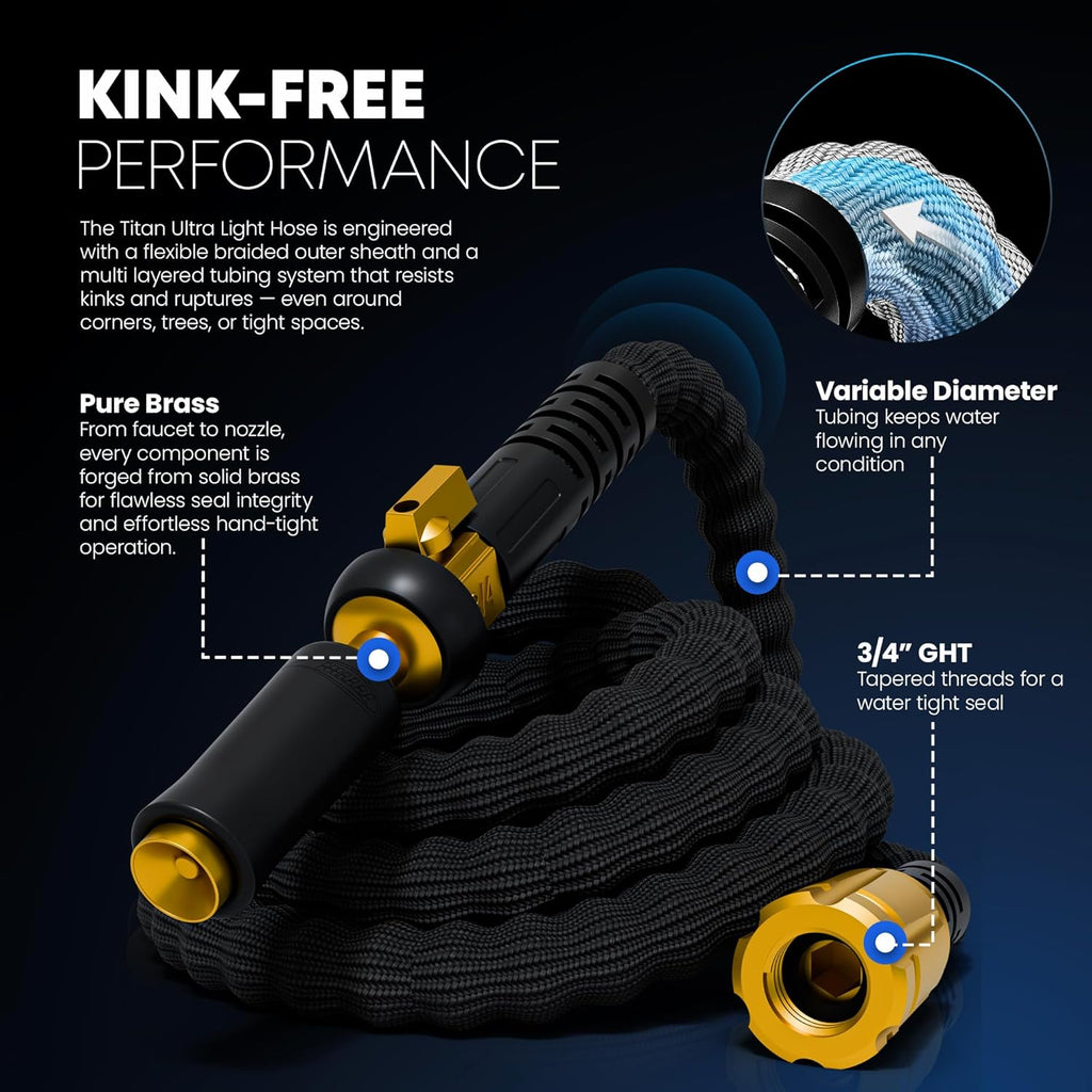 TITAN Flexible Garden Hose 100FT – Ultra Lightweight, Heavy Duty Water Hose with Brass Fittings & Jet Nozzle – Kink-Free, Non-Expanding, Durable Fabric Hose for Yard, Lawn, Car Wash, Outdoor Use
