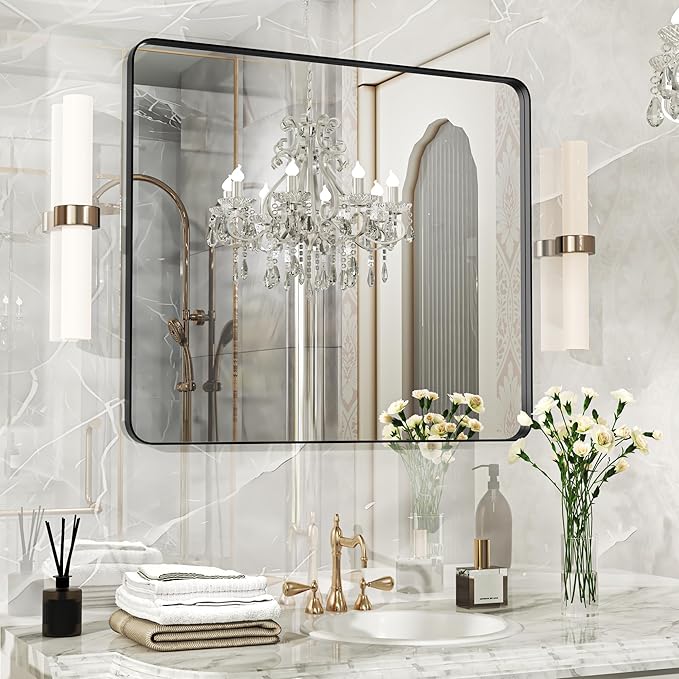 28×32 Black Bathroom Mirror, Rectangular Bathroom Vanity Mirror for Wall with Rounded Corners & Aluminum Alloy Frame, Tempered-Glass, Modern, Farmhouse, Horizontal/Vertical, Entryway, Bedroom