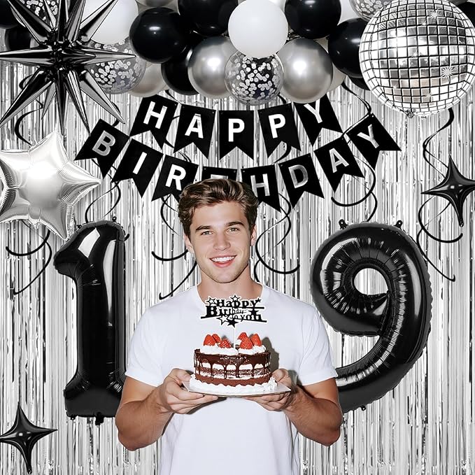 19th Birthday Decorations for Boys Men, Black Silver Happy Birthday Party Decorations， 19 Year Old Party Supplies with Number 19 Balloons, Banner, Fringe Curtains Kit
