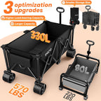 Collapsible Wagon Carts 570LBS Weight Capacity Foldable Beach Wagon with Big All-Terrain Wheels 330L Heavy Duty Utility Carts with Cup Holders for Camping, Garden, Sports, Grocery Black