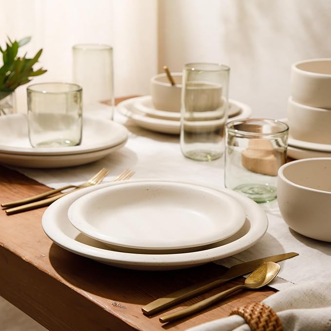 Bloomhouse Corsica Clay 12 Piece Stoneware Rustic Reactive Glaze Dinnerware Set - Stackable Plates and Bowls Set. Service for 4 - Matte Sea Salt White
