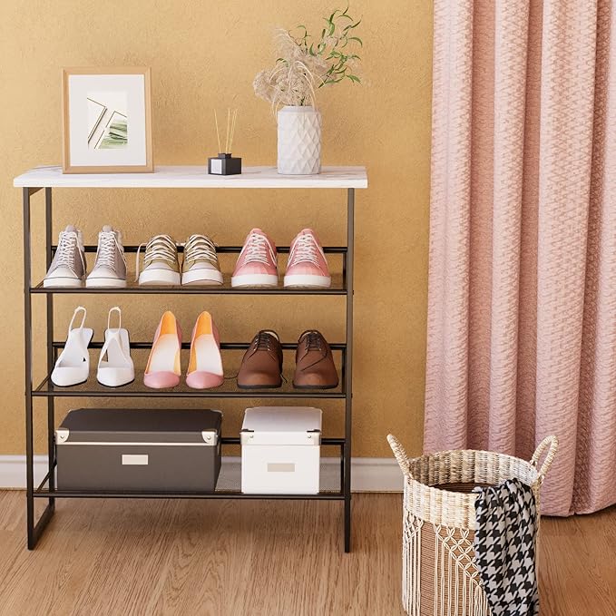 Garden 4 you 4 Tiers White Marble Shoe Rack,Freestanding Organizer Multi-Purpose Adjustable Flat and Slant Storage Rack Shoe Shelf, High Heels Potted Plant for Entryway Hallway Living Room Closet