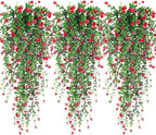 Artificial Hanging Flowers, 3 Pcs Fake Hanging Plants Artificial Vines for Outdoors, Fake Ivy Vine UV Resistant No Fade Faux Plants for Indoor Outside Garden Patio Yard Greenery Decoration (Dark Red)