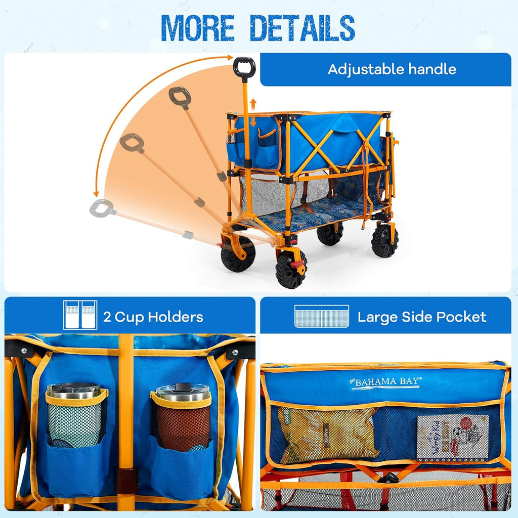 Old Bahama Bay 400L Collapsible Double Decker Beach Wagon with Brakes, Folding Beach Cart with 54" Extra Long Decker, 450LBS Heavy Duty Wagon Chart with All-Terrain Big Wheels for Sand Camping Garden