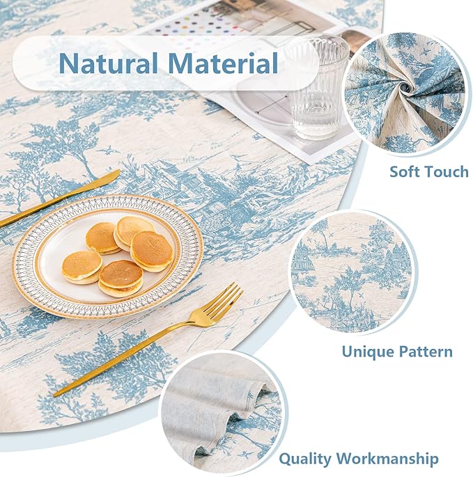 MYSKY HOME Linen Vintage Rectangle Tablecloth 60x102 Inches, Blue Castle Print Table Cloth for Dining Table I Tabletop I Parties/Outdoor I Spring/Summer Waterproof Fabric Farmhouse Tablecloth