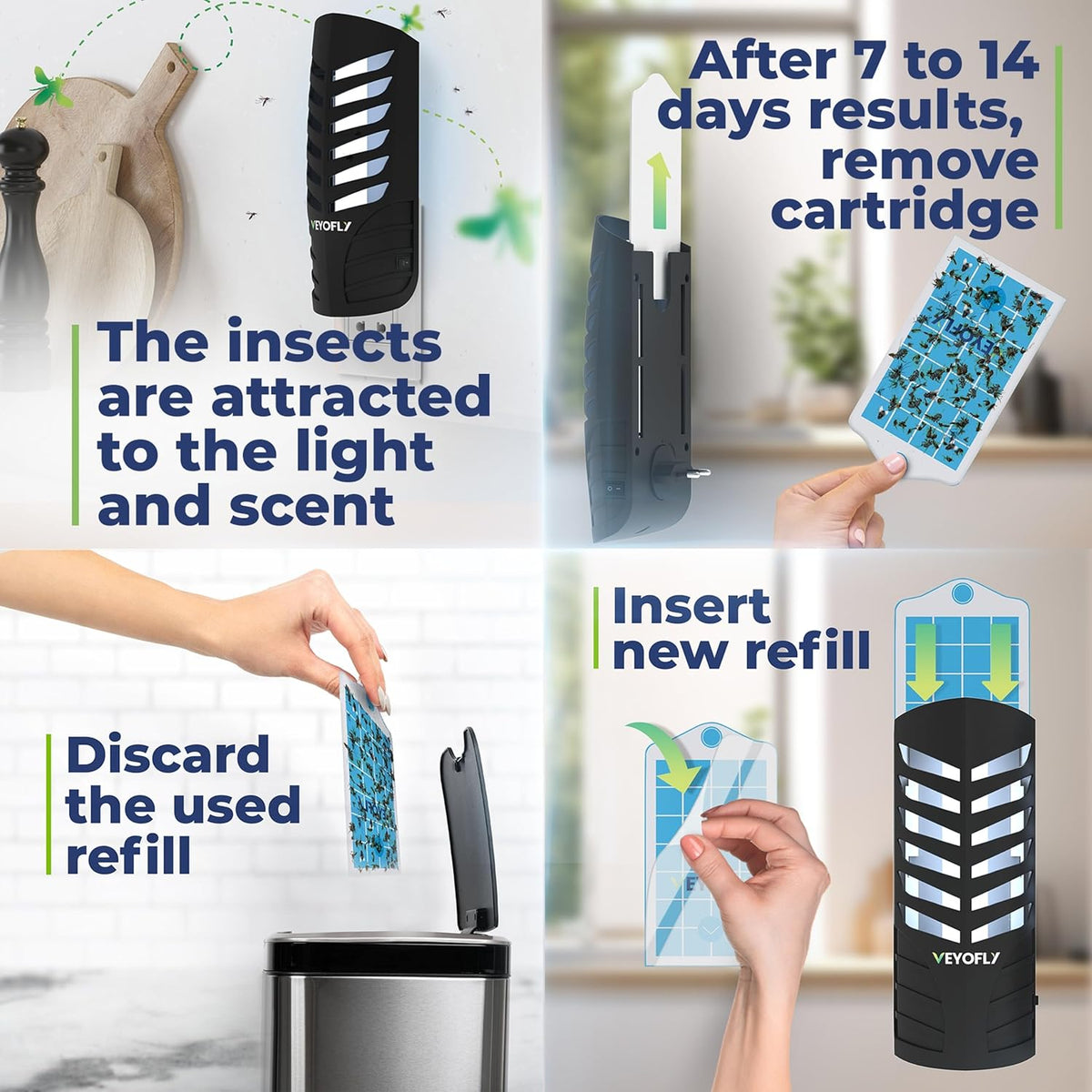 VEYOFLY Fruit Fly Traps for Indoors, Fly Trap Indoor, (4 Device + 12 Refills) Fly Catcher Indoor, Gnat Traps for House Indoor, Fly Trap, Plug in Light Flying Insect Trap, Bug Killer