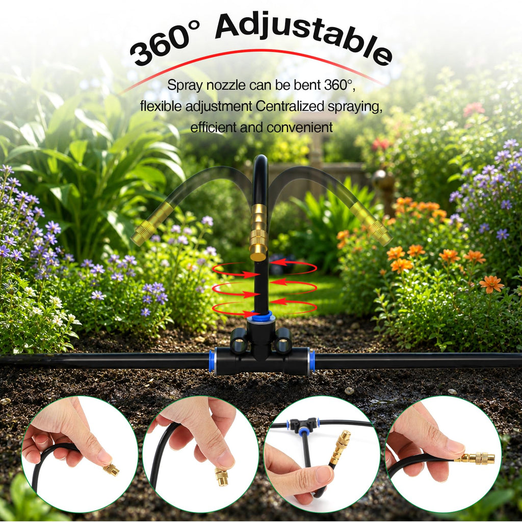 Pro-Series Drip Irrigation System, 200FT 1/4" Garden Watering System with 32pcs 360° Bendable Copper Nozzles, Leak-Free Quick-Connect Misting Sprinkler Kit for Patio, Raised Beds, Yard, Greenhouse