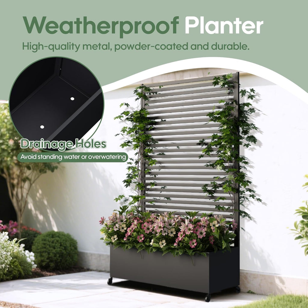 Metal Planter Box with Trellis Privacy Screen, Raised Garden Bed with Trellis & Wheels, Privacy Planters for Patio, Planter Box with Drainage Holes for Climbing Plants, Flower, 73"x 47"x 16", Black