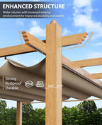 10x10 Ft Outdoor Retractable Pergola with Adjustable Roof Modern Metal Patio Gazebo, Upgraded Faux Wood Grain Aluminum Pergola for Deck, Backyard Gardens, Porches, Grapevines, Khaki