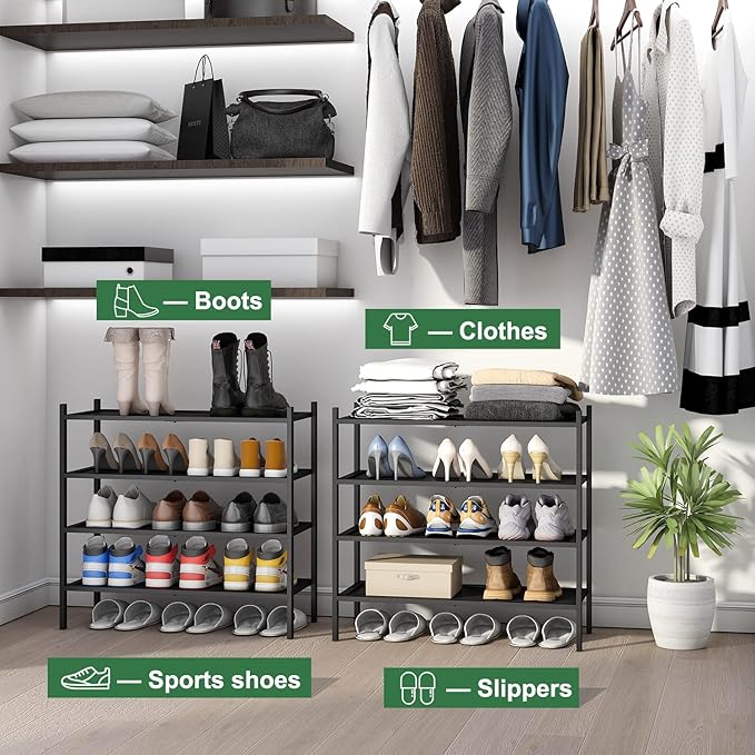 Shoe Rack for Entryway, Black Bamboo Shoe Rack 4-Tier, Stackable Shoe Organizer for Hallway Closet, Free Standing Shoe Racks for Indoor Outdoor