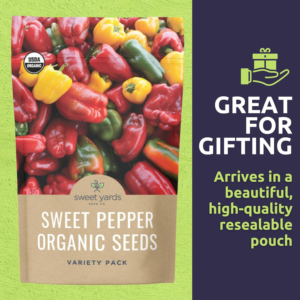 Organic Sweet Pepper Seeds Variety Pack - 6 Individual Packs - 2025 Season - Red, Orange, Yellow, Green and More! for Indoor & Outdoor Planting (Non-GMO, Certified Organic)