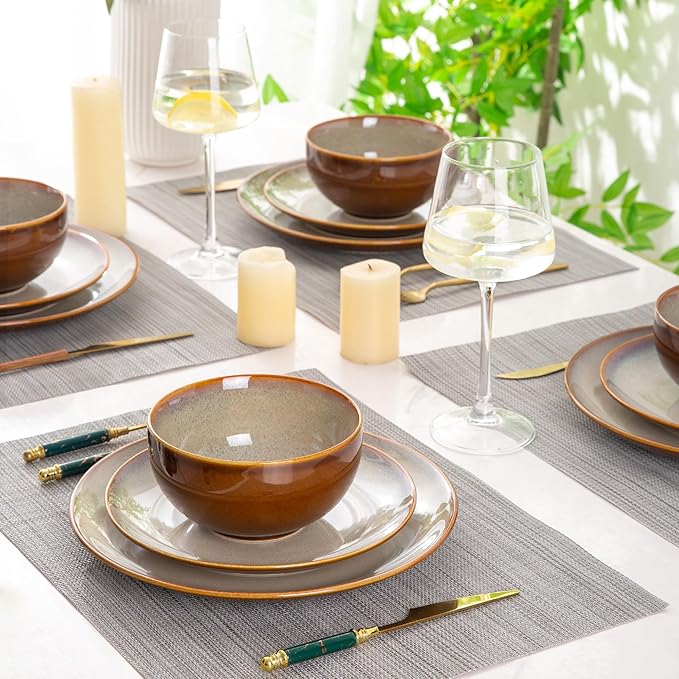 LERATIO Ceramic Dinnerware Sets for 8,Stoneware Plates and Bowls Sets,Handmade Reactive Glaze Dishes Set,Chip Resistant and Scratch Resistant | Oven&Dishwasher & Microwave Safe-Kahki (24PCS)