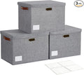 17" Large Collapsible Storage Bins with Lids, Stackable Closet Organizers with PU Handle and Labels, 3-Pack Decorative Fabric Storage Boxes for Home, Bedroom, Closet, Office, Nursery(Gray)