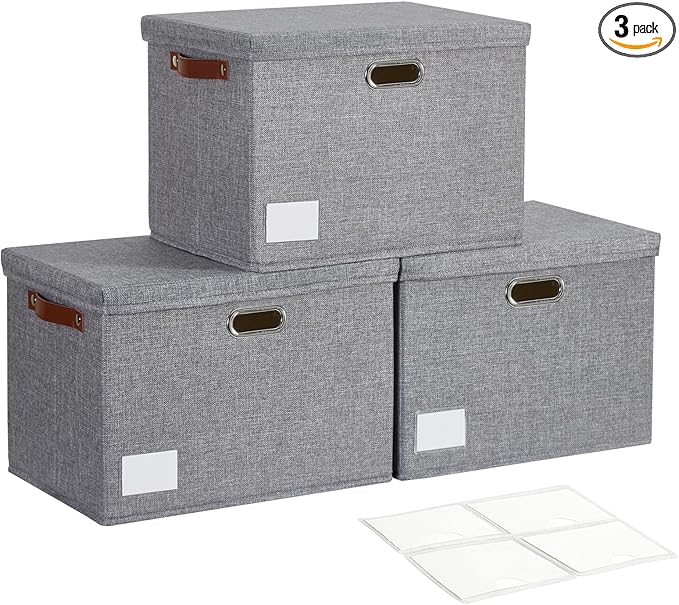 17" Large Collapsible Storage Bins with Lids, Stackable Closet Organizers with PU Handle and Labels, 3-Pack Decorative Fabric Storage Boxes for Home, Bedroom, Closet, Office, Nursery(Gray)