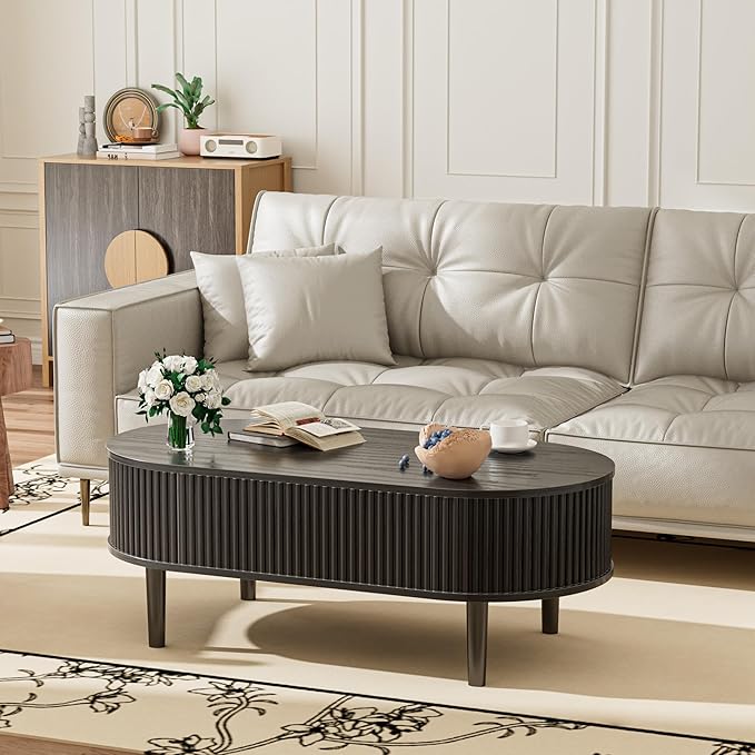 EAG Fluted Lift Top Coffee Table with Hidden Compartment, Modern Oval Coffee Table with Storage, Fully Wood Center Table for Living Room, Office, Black
