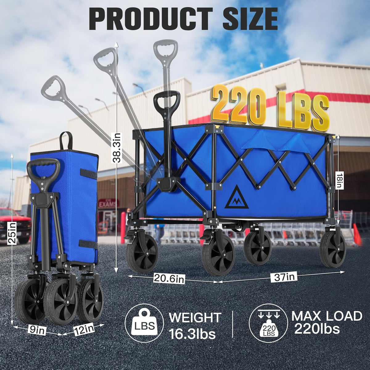 Wagon Cart Shopping Foldable Folding Collapsible with Wheels Big On Beach Garden Outdoor Grocery Heavy Duty Utility All Terrain Portable Wagons Carts for Groceries Sand Camping Sports Blue