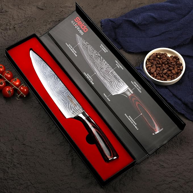 Seido Knives Master Chef Knife Japanese Handmade High Carbon Steel 8 inch - Perfectly Well-Balanced Pakka Wood Handle Kitchen Slicing Knife Razor-sharp Blade Precision Cutting