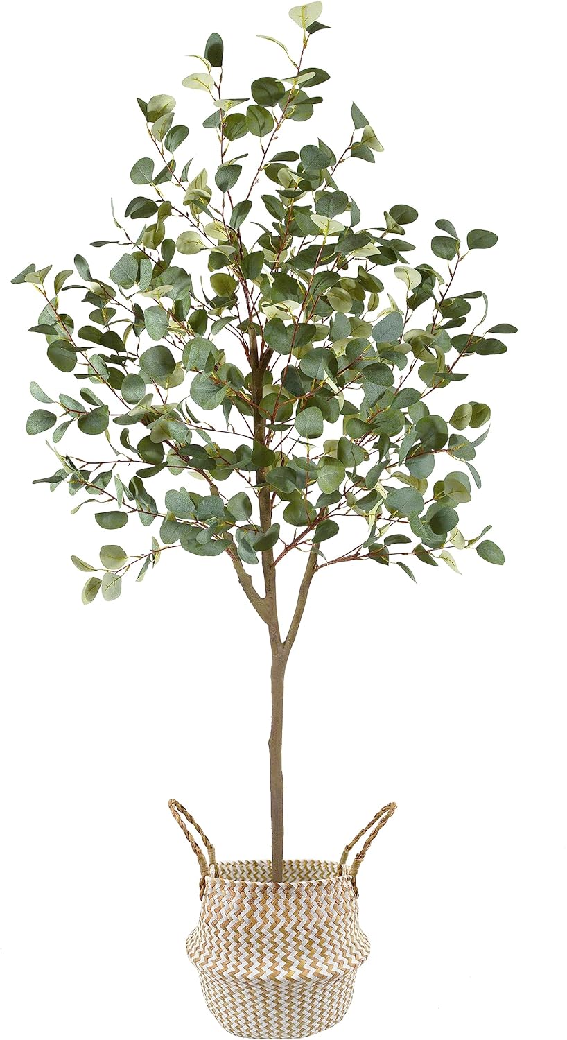 Artificial Eucalyptus Tree, 6ft Tall Fake Eucalyptus Plant with Basket, Green Silver Dollars Silk Leaves Faux Tree for Home Office Livingroom Floor Decor Indoor