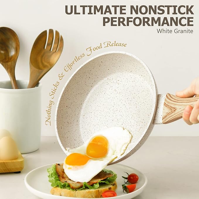 MICHELANGELO Small Frying Pan with Lid, 8 Inch Frying Pan Nonstick with Non-Toxic Coating, Granite Egg Pan with Anti-Scald Handle, Small Pan, White