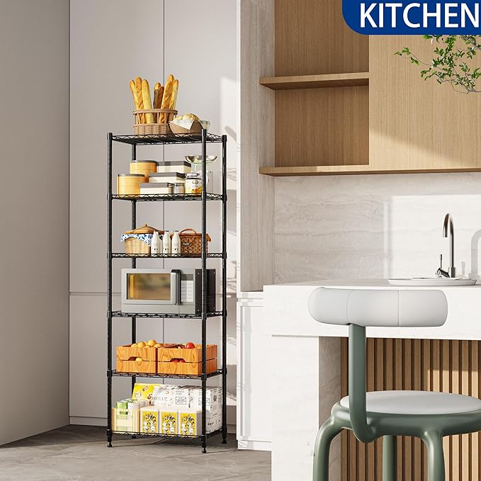 REGILLER 6 Wire Shelving Steel Storage Rack Adjustable Unit Shelves for Laundry Bathroom Kitchen Pantry Closet(Black,11.7" D x 21.4" W x 63" H)