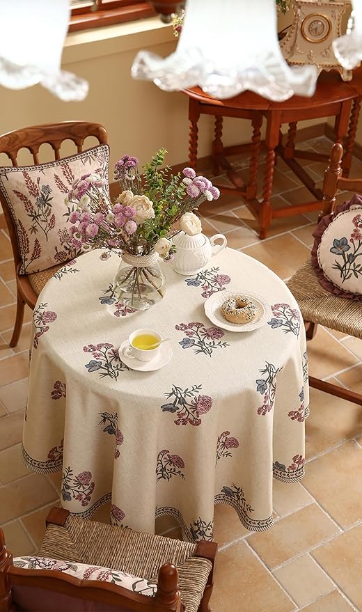 ISAENNE Designer Linen Light Beige Round Tablecloth,French Colorful Floral Table Cloth,Fall Stain Resistant Decor Tablecloths for Dining Thanksgiving Christmas Kitchen,Diameter 67"-Helena E