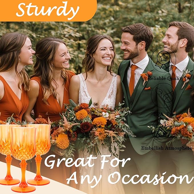 Plastic Wine Glasses，Plastic Goblets Vintage Style Cordial Drinking Glasses for Wedding Reception, Grand Event Party Supplies (24, Pumpkin orange)