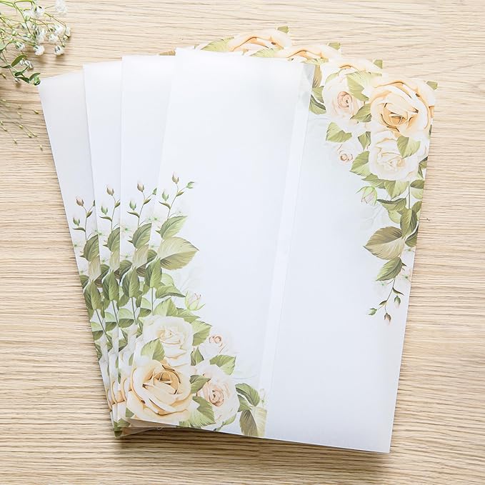 PONATIA 50PCS Vellum Jackets for 5x7 Invitation Cards- 135GSM Champagne Flowers Vellum Sleeves, VVellum Sleeves, 5x7 Clear Jackets - Wedding Invitations Wraps - Transparent Card Jackets