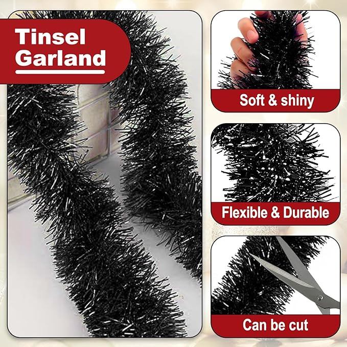 25 Feet Metallic Twist Tinsel Garland - Wall Hanging Backdrop for Parade Floats, Christmas Eve, New Year, Valentine's Day Parties (Black, 4in x 25ft)