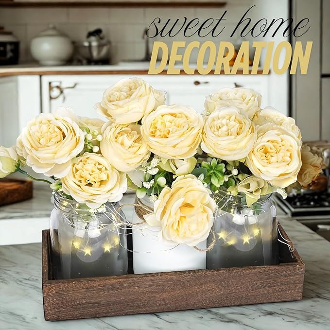 Champagne Floral Mason Jars for Centerpieces – Rustic Table Centerpiece Decorations with Lights & Tray – Wedding Centerpieces for Tables, Dining Room, Party or Reception Decor Kitchen Counter