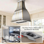 CHETTO C Stainless Steel Range Hood Cover with Quiet Vent Hood Insert Custom Handcrafted Metal Kitchen Fan with Towel Rack LED Light 42"W x27"D x51"H Brushed Stainless Steel Island Mount