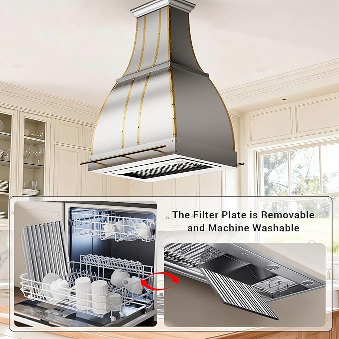 CHETTO C Stainless Steel Range Hood Cover with Quiet Vent Hood Insert Custom Handcrafted Metal Kitchen Fan with Towel Rack LED Light 60"W x27"D x18"H Brushed Stainless Steel Island Mount