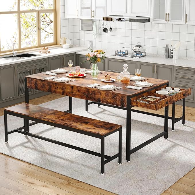Loomie 63" Dining Table Set for 4-6, 3-Piece Kitchen Table with 2 Utensil Drawers, 2 Benches & Wine Rack, Modern Space Saving & Heavy Duty Dinner Table Set with Metal Frame & MDF Board,Rustic Brown