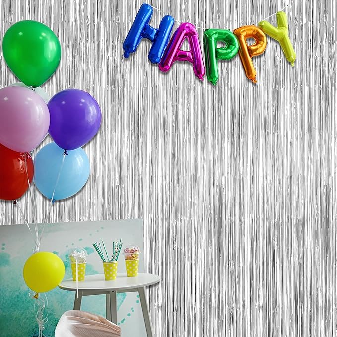 2 Pack Tinsel Backdrop, 3.28 FT x 7.05 FT Birthday Party Decorations, Silver Party Streamer Fringe Curtains Foil Backdrop, Metallic Silver Photo Props Party Supplies Party Decor