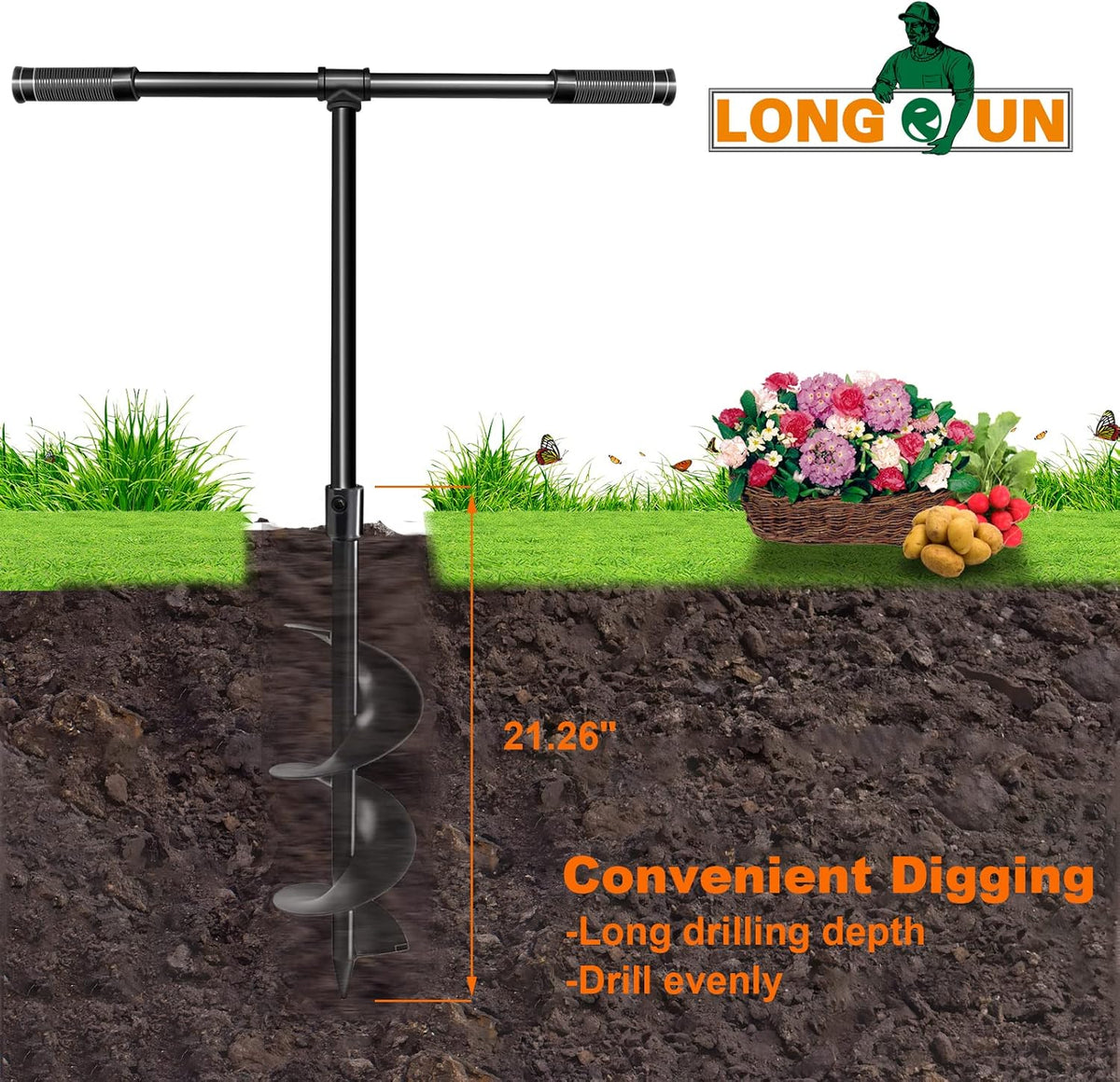 LONGRUN T-Shaped Garden Auger Drill Bit for Planting, Hand Operated Spiral Post Hole Digger, Easy Rapid Planter for Bulbs Flowers, Trees, Seedlings Planting, Bedding, Umbrella Holes-4 & 6x38 Inch Set