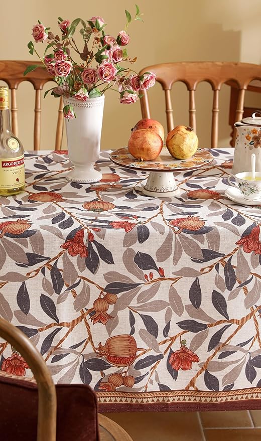 patdrea Designer Vintage Rectangle Tablecloth,Linen Pomegranates and Leaves Pattern Tablecloths,Fall Table Cover Cloth Decor for Kitchen Dining Christmas,Thanksgiving,63"x87"-Tehran a